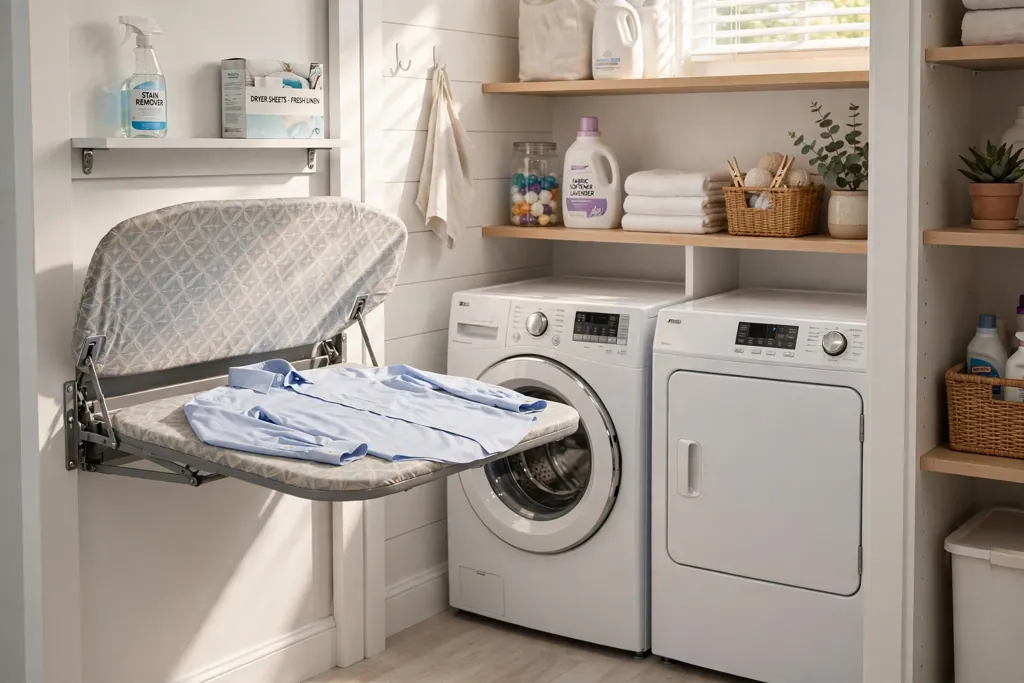 Laundry closet wall with a fold-down ironing board lowered beside machines.