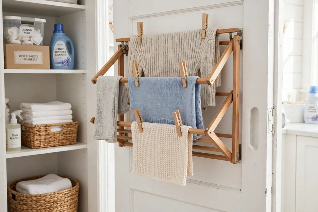 Inside of a laundry closet door with a foldable drying rack holding flat knit items.