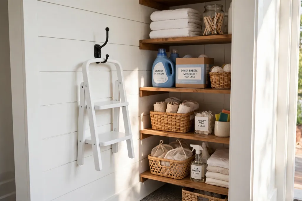 Laundry closet wall with a small step stool hanging on a sturdy hook.