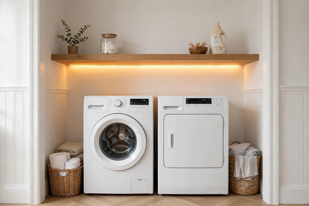 Laundry closet with an LED strip glowing under a shelf above machines.