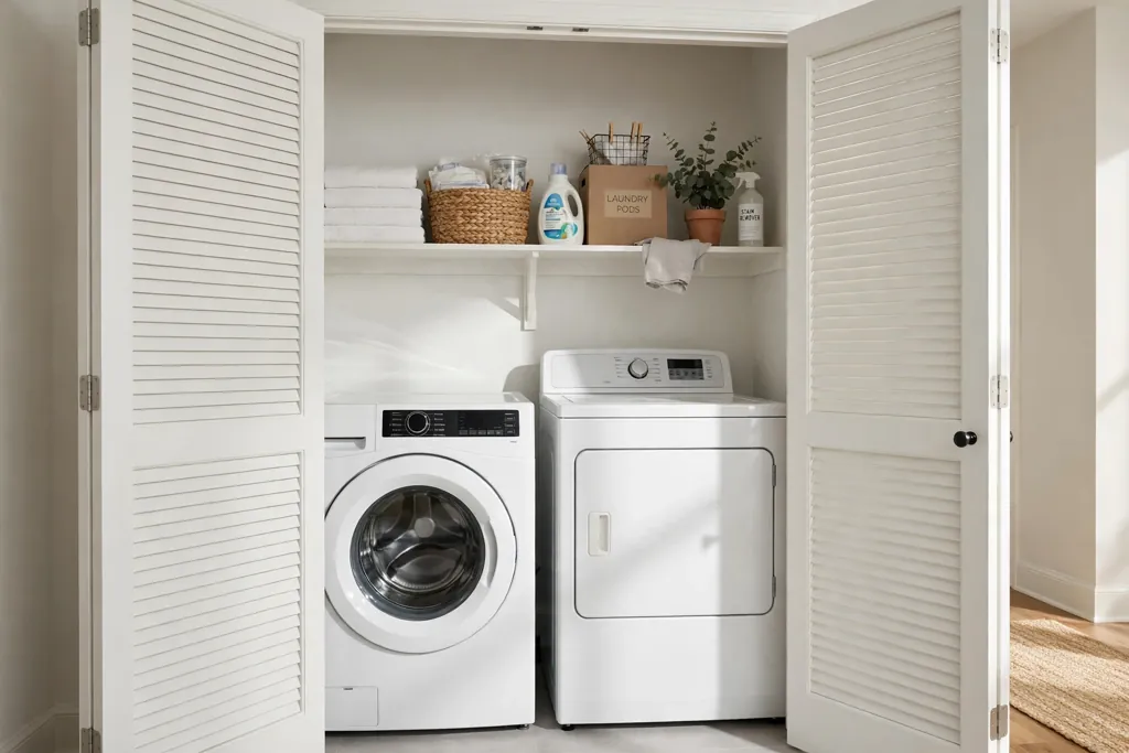 Laundry closet with louvered doors partly open showing washer and dryer inside.