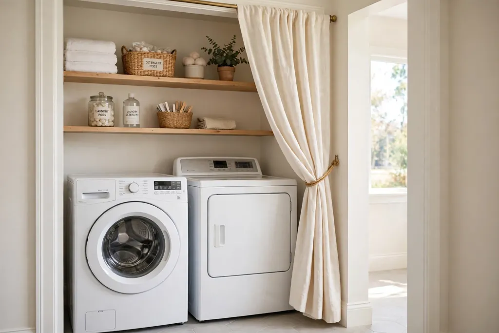 Laundry closet opening with a plain washable curtain tied back showing machines inside.