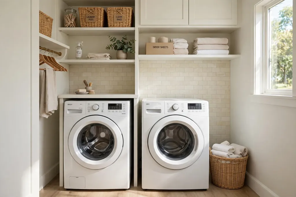 Laundry closet with light painted walls and a peel-and-stick backsplash behind machines.