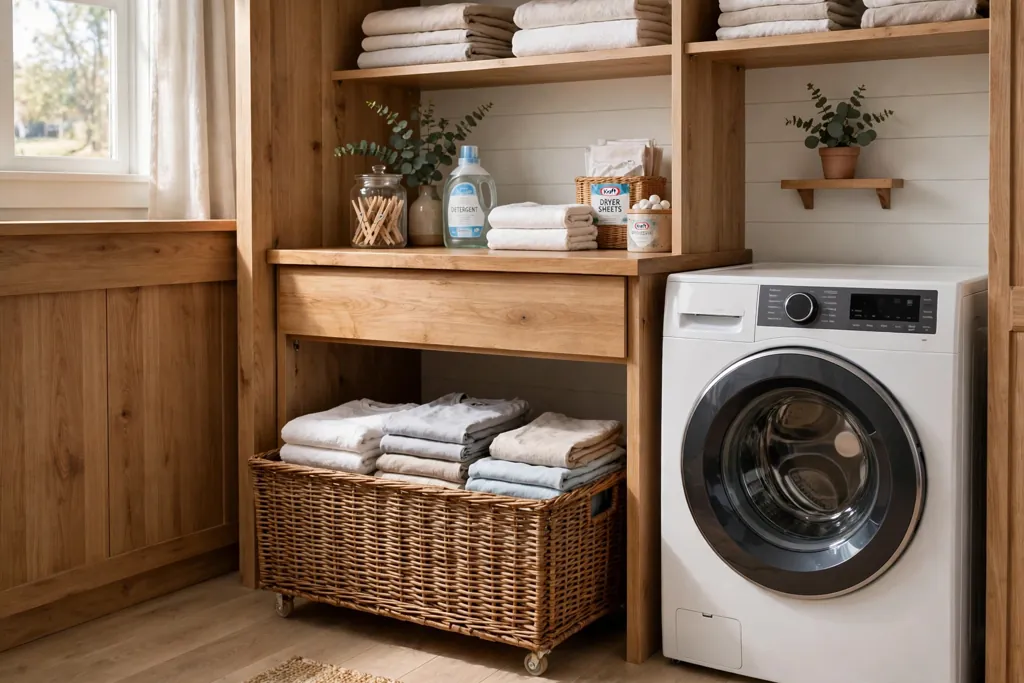 Laundry closet counter with a rolling basket sliding out below it holding clean clothes.
