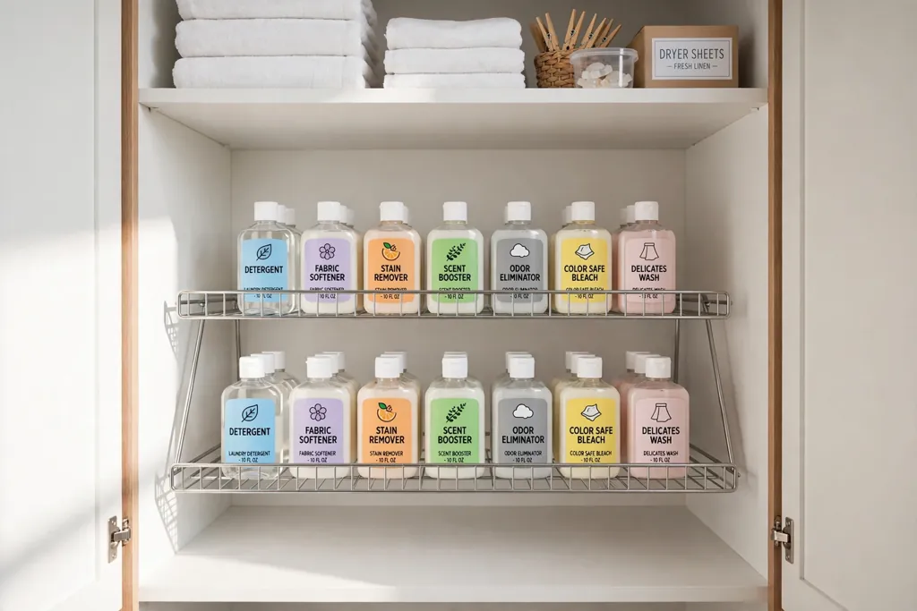 Deep laundry closet cabinet with shelf risers holding small bottles in two layers.