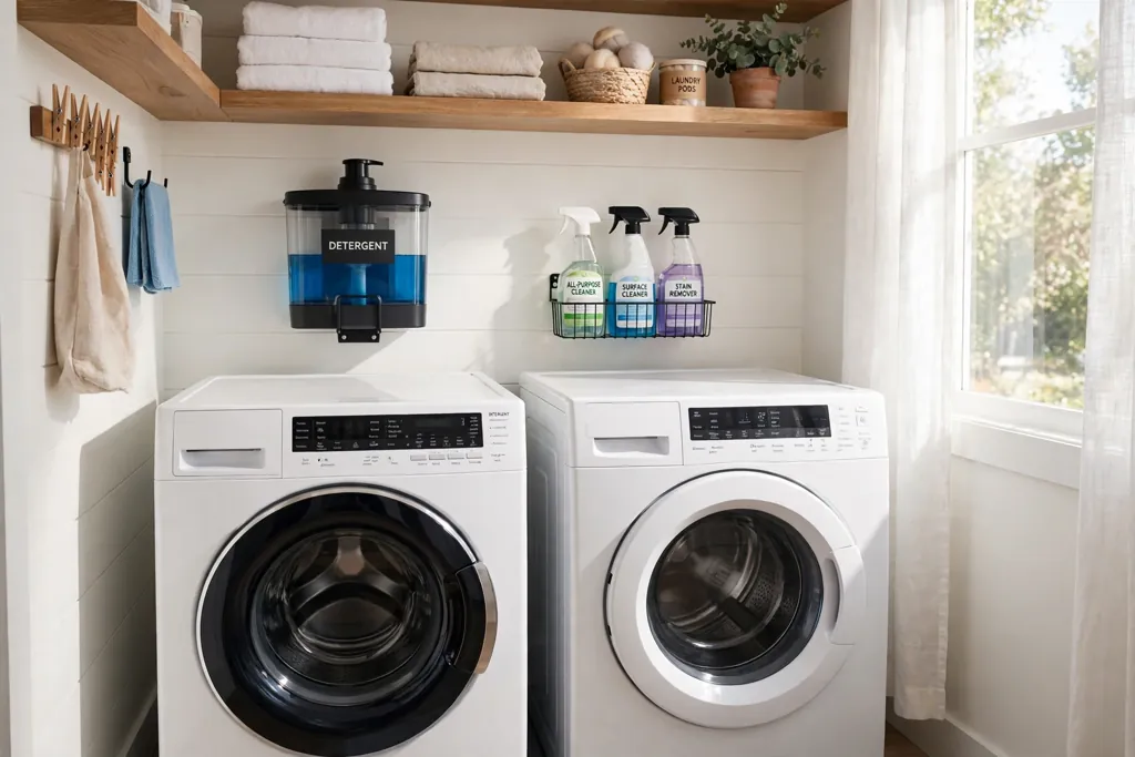 Laundry closet wall with a mounted detergent dispenser and a small spray caddy beside machines.