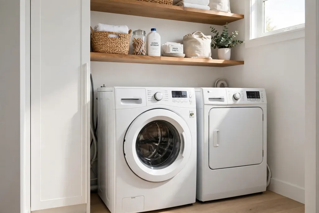 Laundry closet with a slim cover panel hiding hoses and cords beside machines.