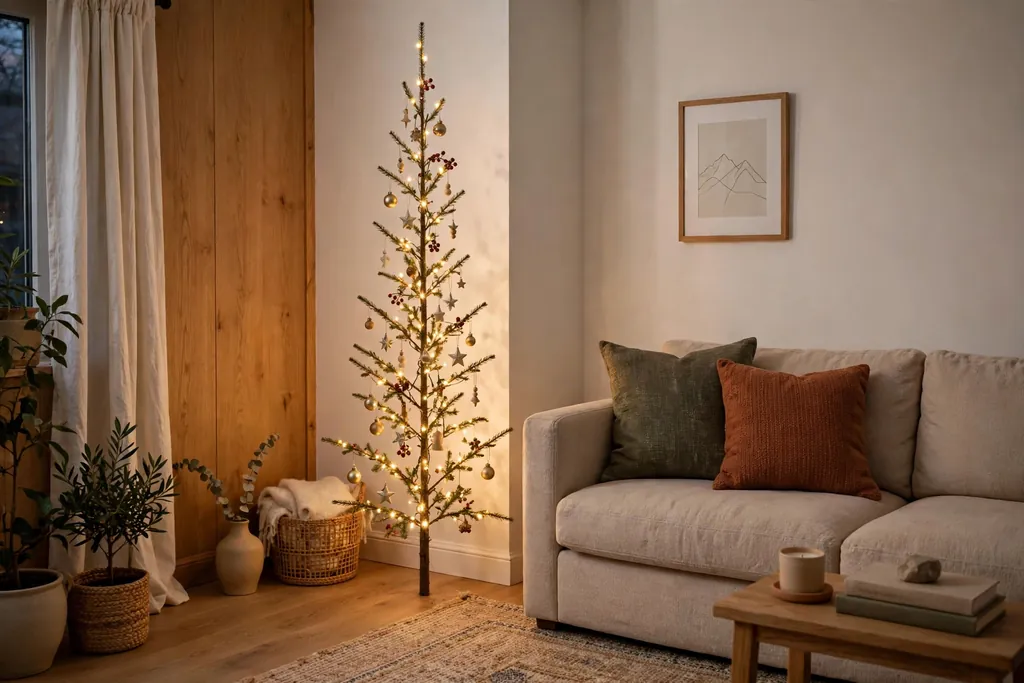 Slim pencil Christmas tree in a small living room corner beside a sofa.