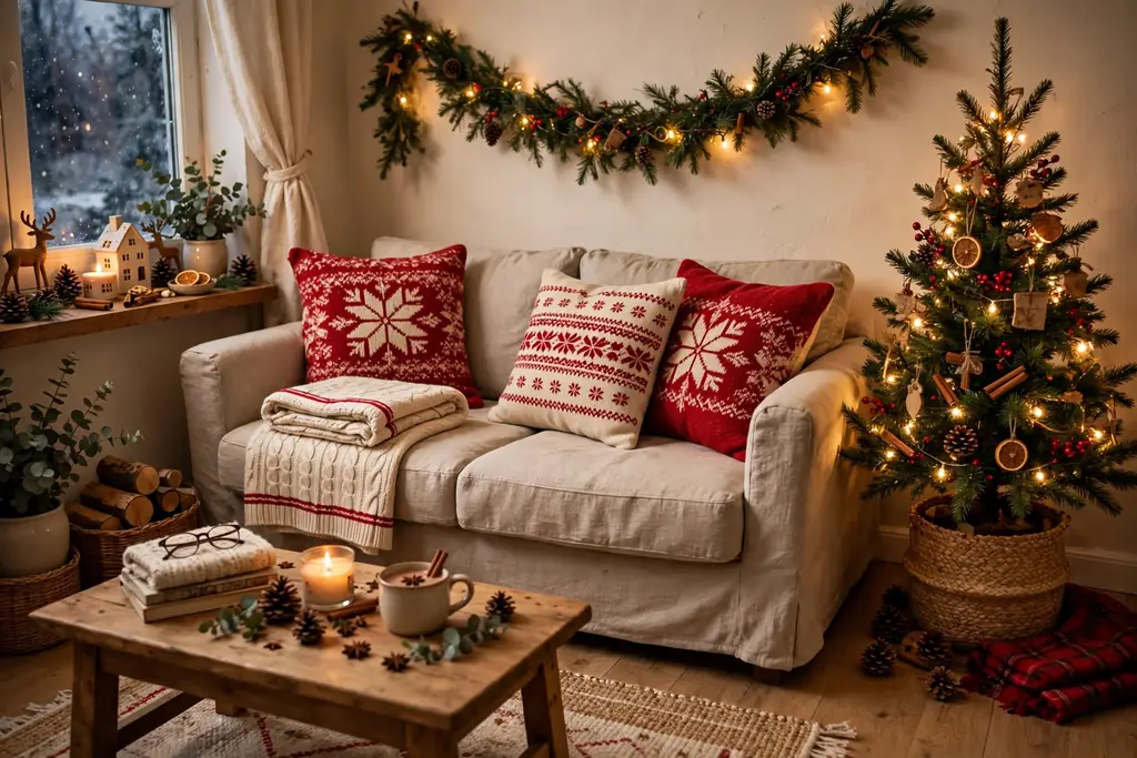 Sofa with festive red and cream cushion covers and a folded throw.