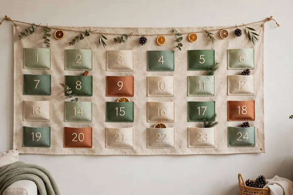 Felt advent calendar hanging flat on a living room wall.