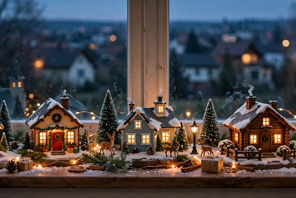 Mini Christmas village with small houses and warm lights on a windowsill.