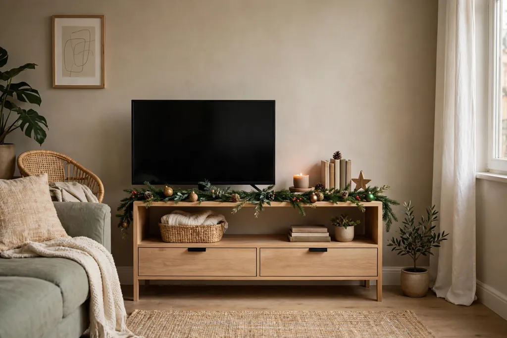 Slim green garland along the top of a TV stand in a small living room.