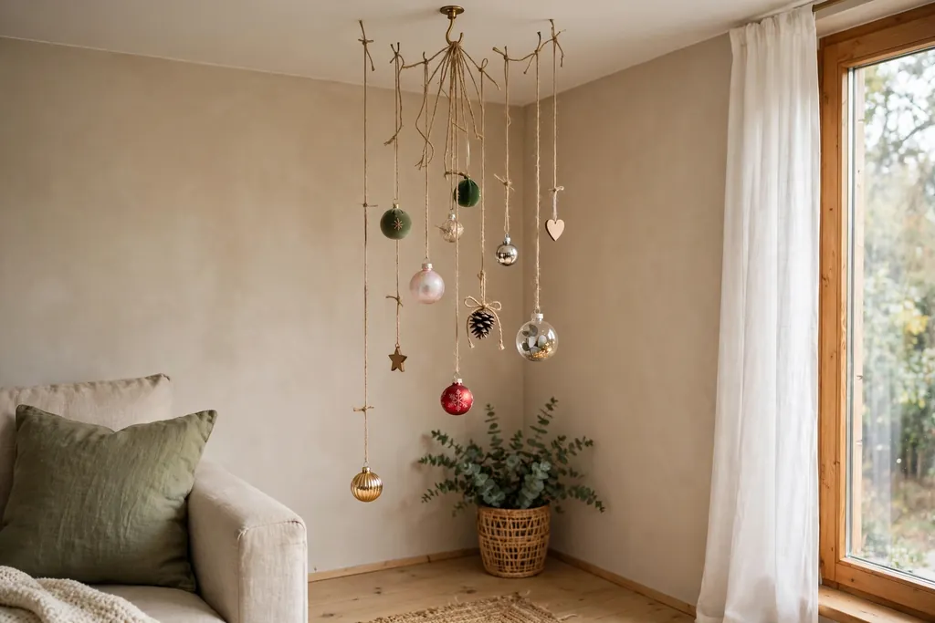 Small Christmas ornaments hanging from a ceiling hook in a living room corner.