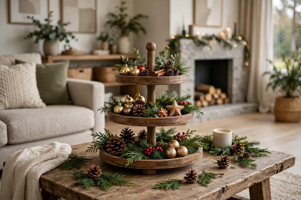 Tiered tray on a coffee table styled with small ornaments and pinecones.