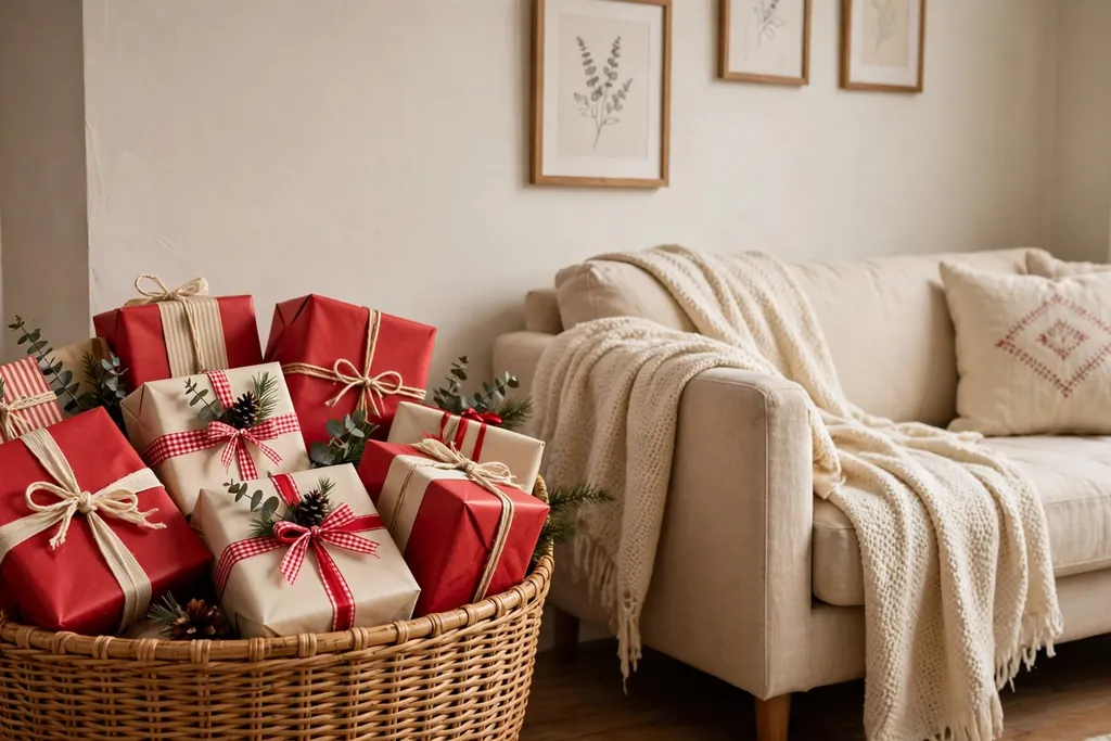 Basket filled with wrapped gifts in red and cream paper beside a sofa.