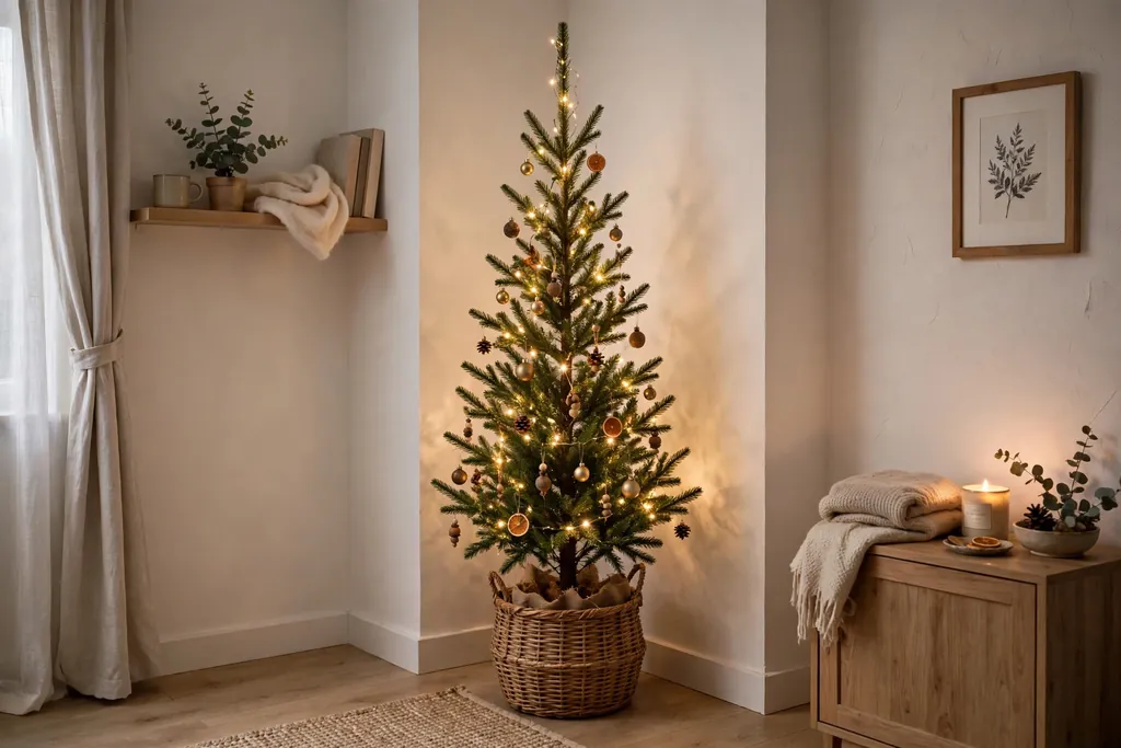 Slim Christmas tree standing in a woven basket base in a corner.