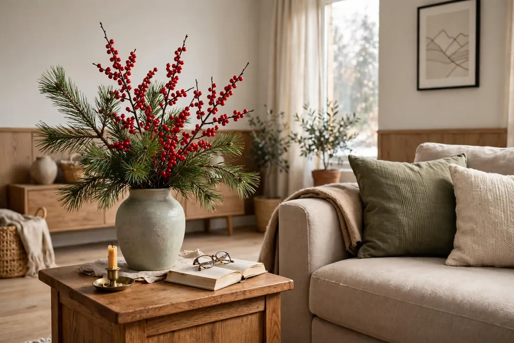 Vase with pine sprigs and red berry branches on a side table.