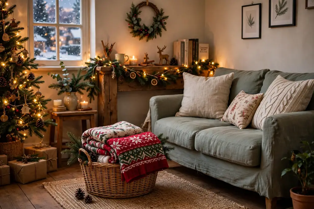 Basket holding a folded festive throw beside a sofa in a small living room.