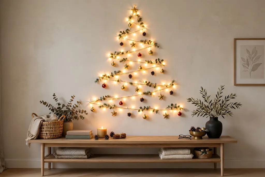 Flat Christmas tree shape made of lights on a living room wall above a console.