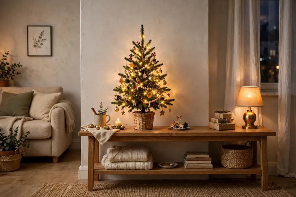 Small tabletop Christmas tree on a console table in a small living room.