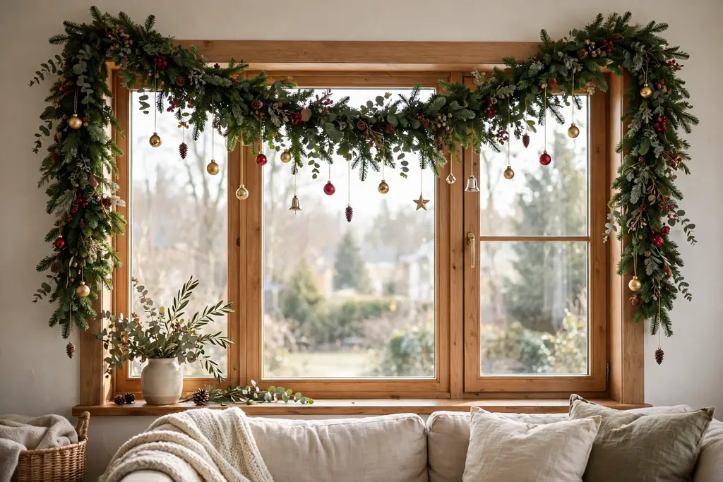 Green garland draped over a living room window frame with small ornaments.