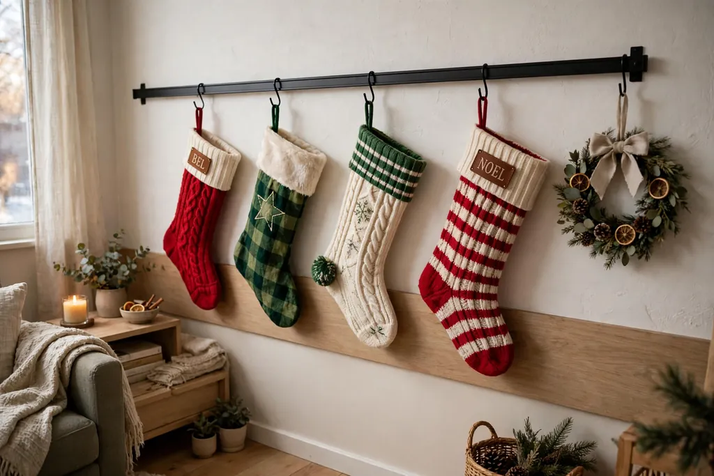 Stockings hanging from a slim wall rail in a small living room.