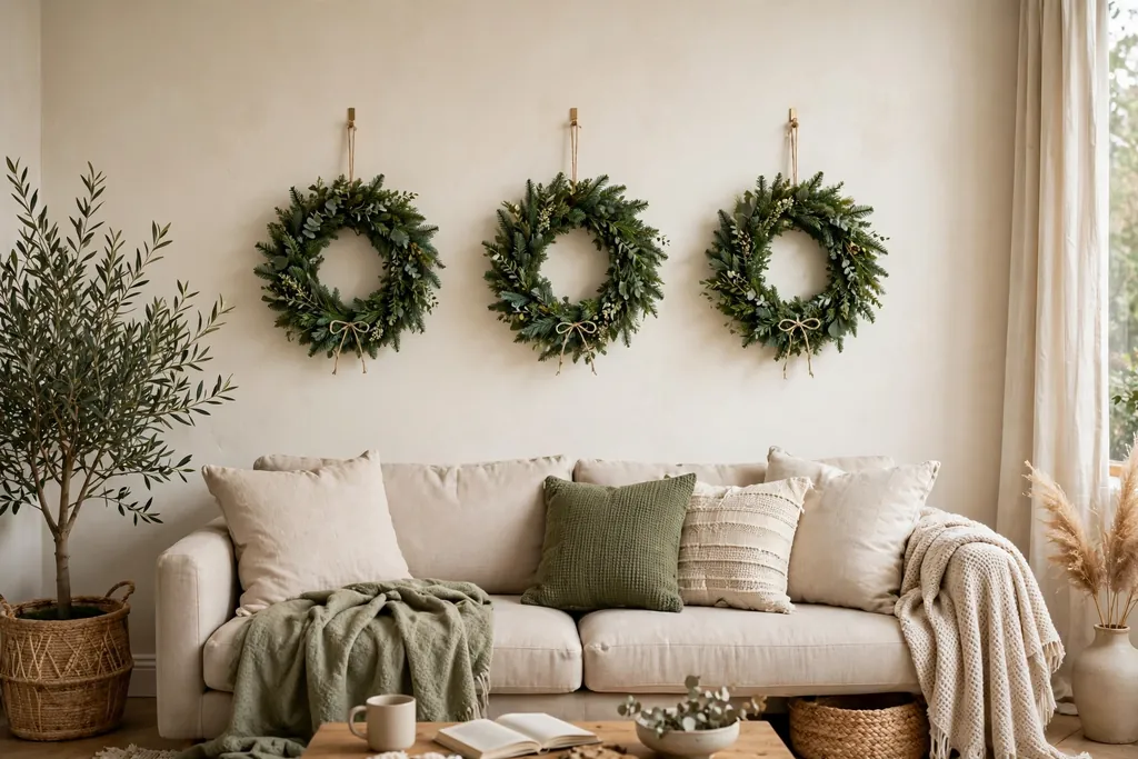 Three small green wreaths hung in a row on a living room wall above a sofa.
