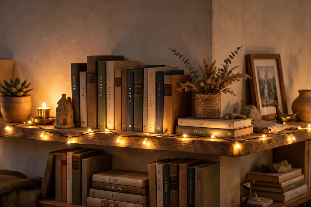 Warm fairy lights strung along a living room shelf above books.