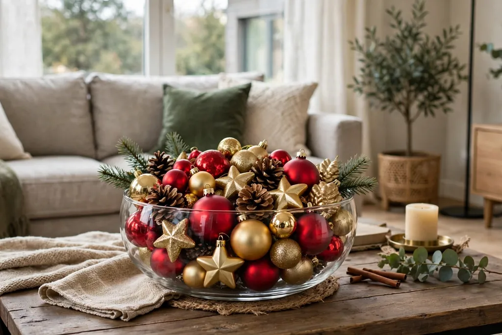 Glass bowl filled with red and gold Christmas ornaments and pinecones on a coffee table.
