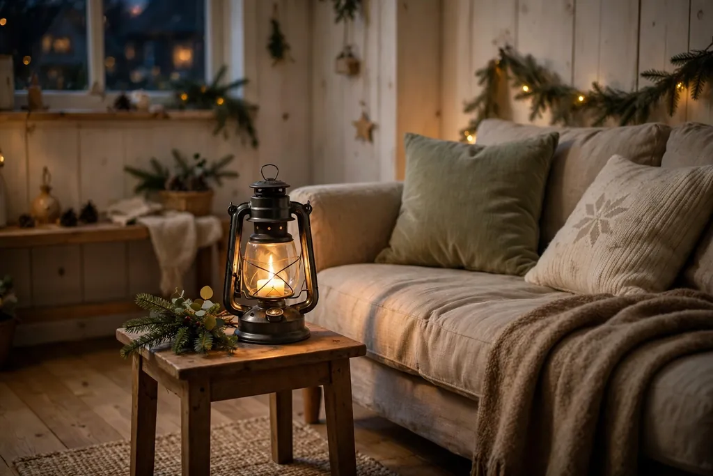 Single lantern with a warm glowing light beside a sofa in a small living room.