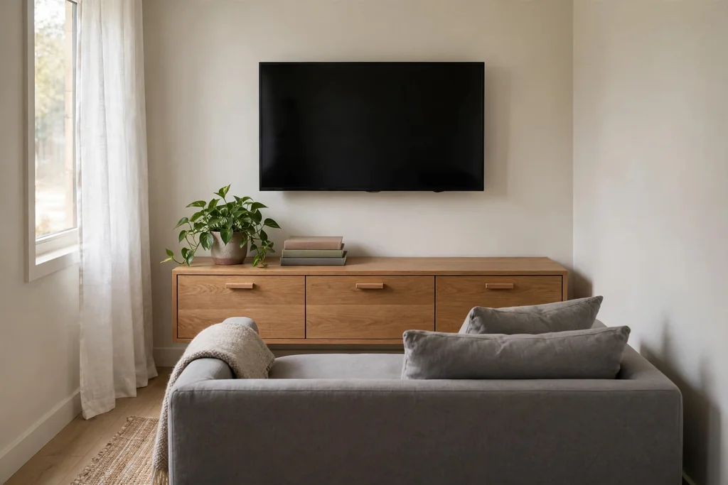 Small living room with a wall mounted TV above a low oak console and a grey sofa.