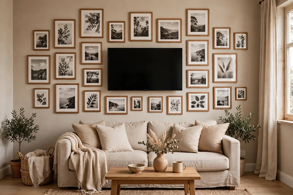 Small living room TV set into a gallery wall of framed prints around the screen.