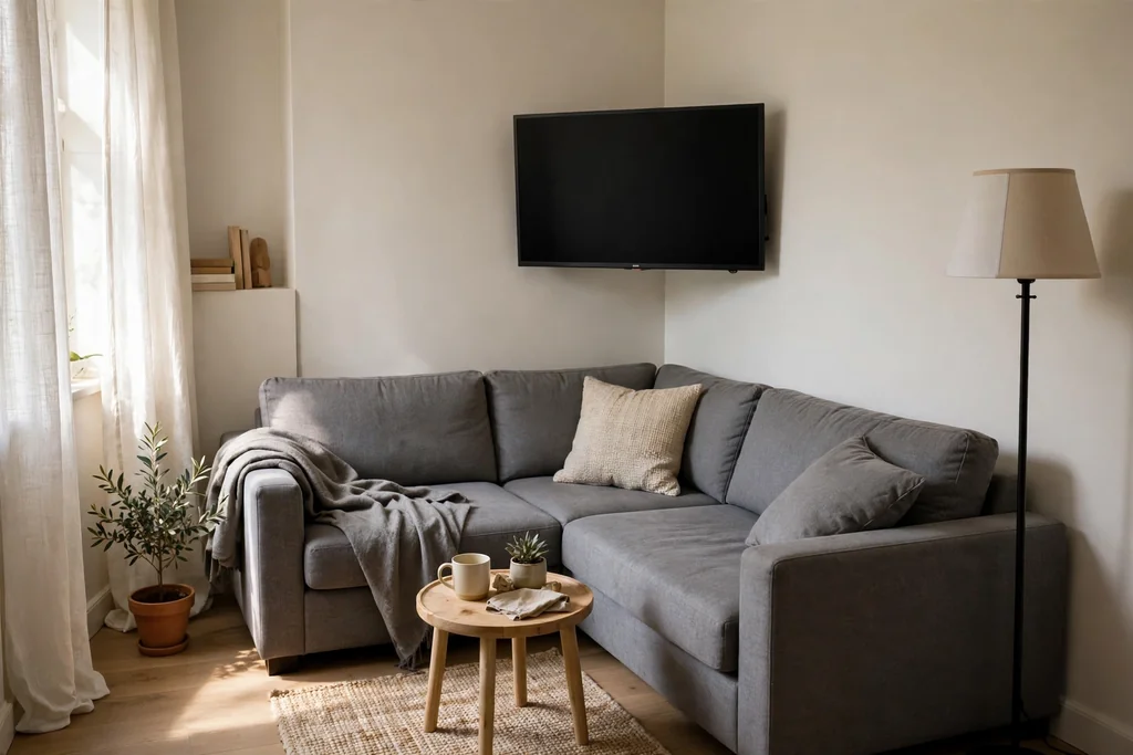 Corner TV in a small living room with an L shaped sofa angled toward the screen.