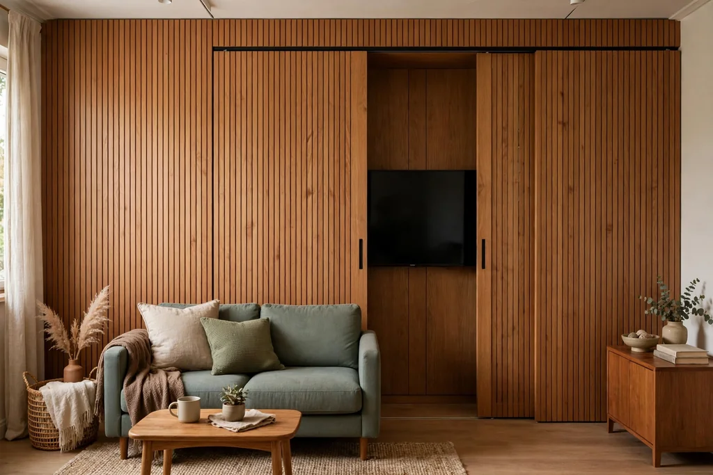 Small living room TV hidden behind sliding wooden panels on a panelled wall.