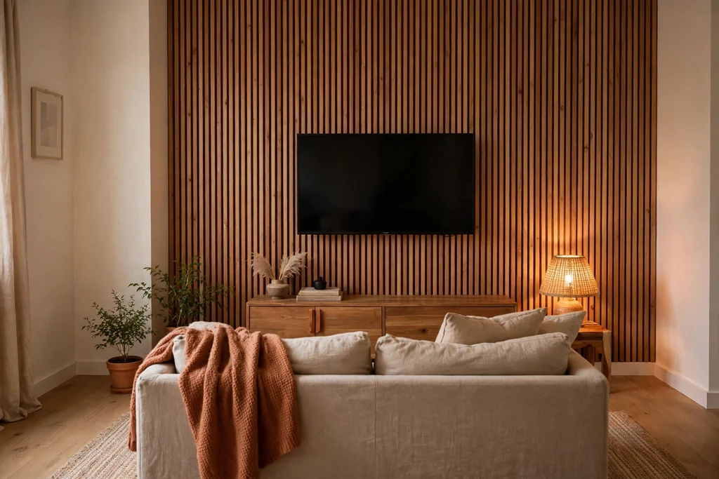 Small living room with a vertical timber slat media wall behind the TV.