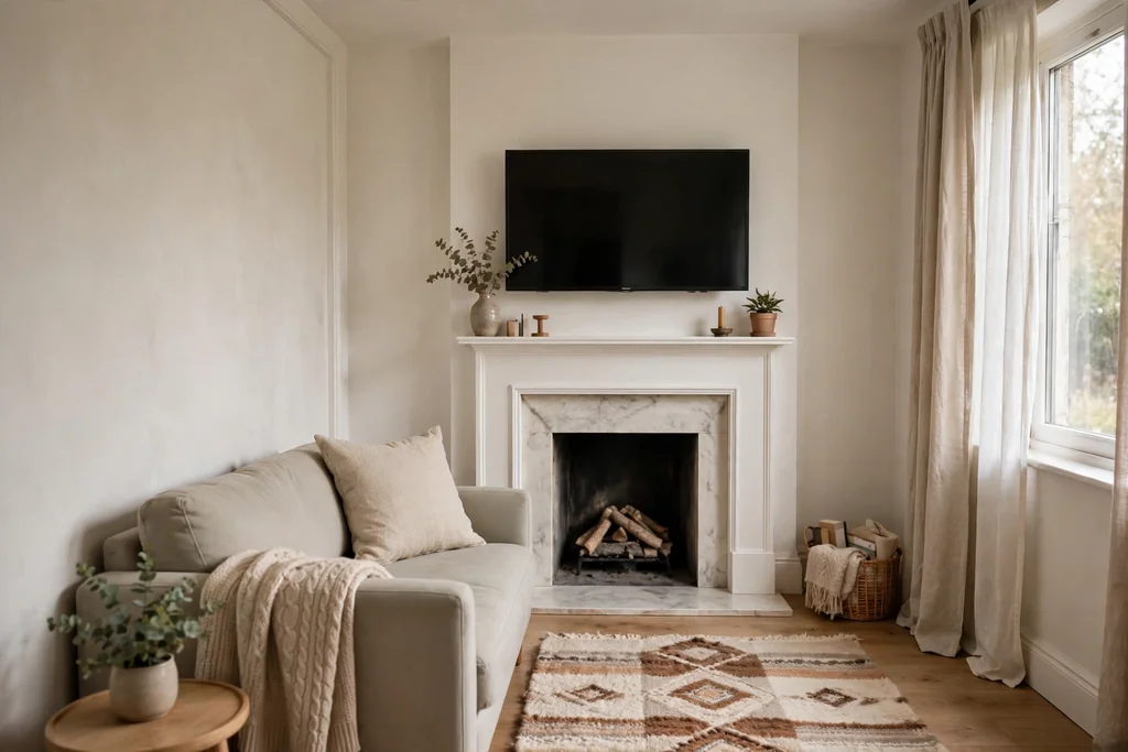 Small living room TV above a compact fireplace mantel with a sofa facing it.
