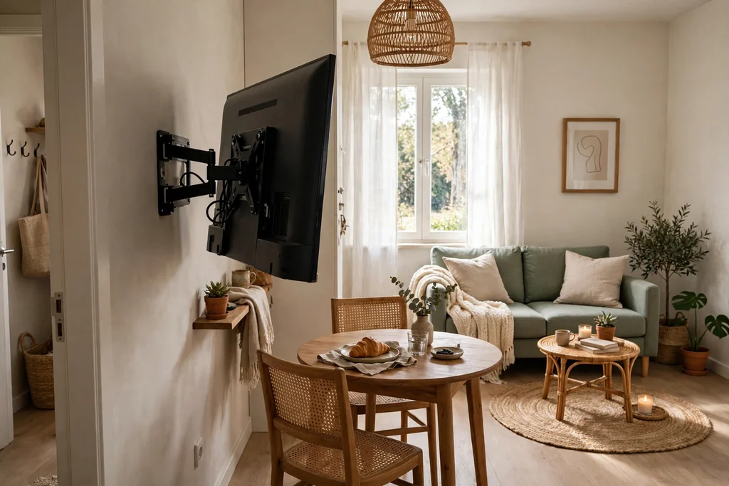 Small living room TV on a swivel wall mount turned toward a dining table.