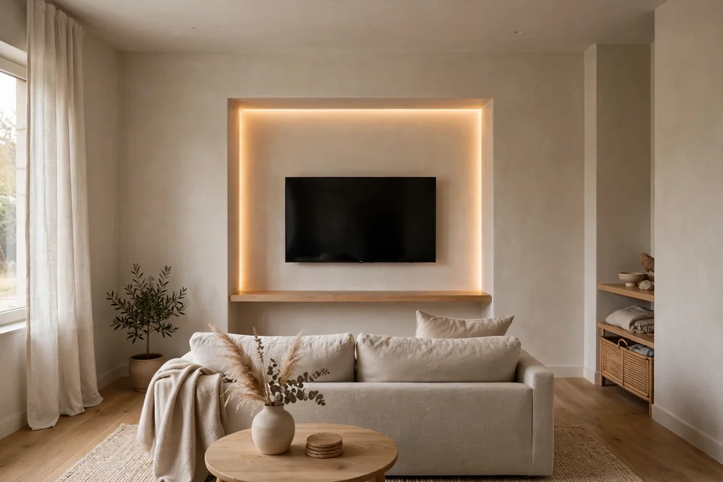 Small living room TV recessed into an alcove niche with soft warm lighting.