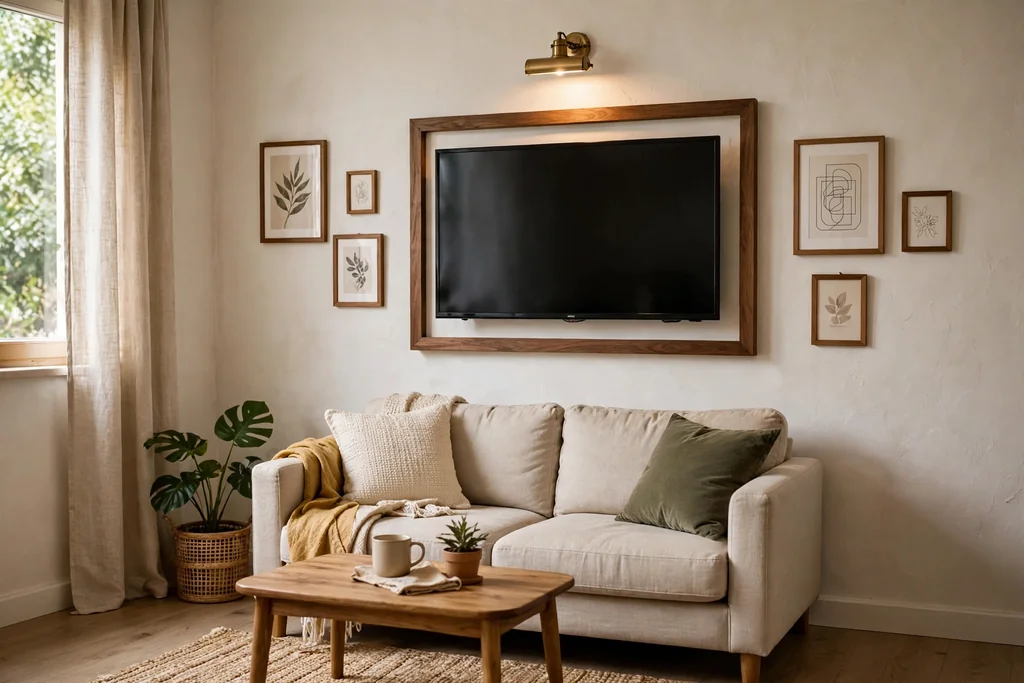 Small living room TV framed like artwork with a slim picture frame and a picture light.