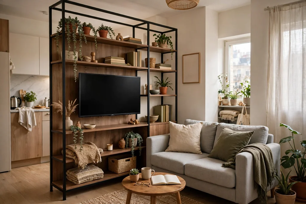 Freestanding room divider with a TV facing a small sofa in a studio living room.