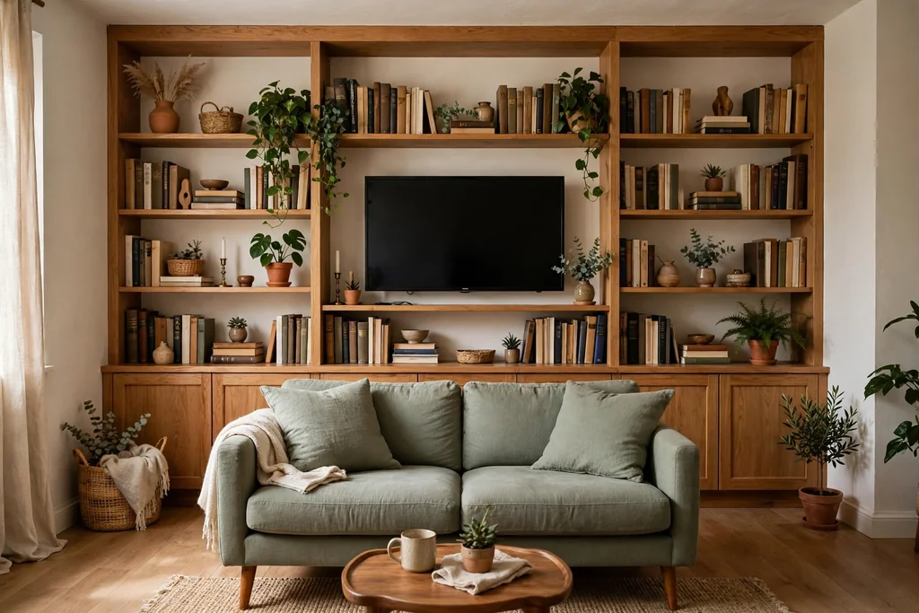 Small living room bookshelf wall with a TV at the centre surrounded by books.
