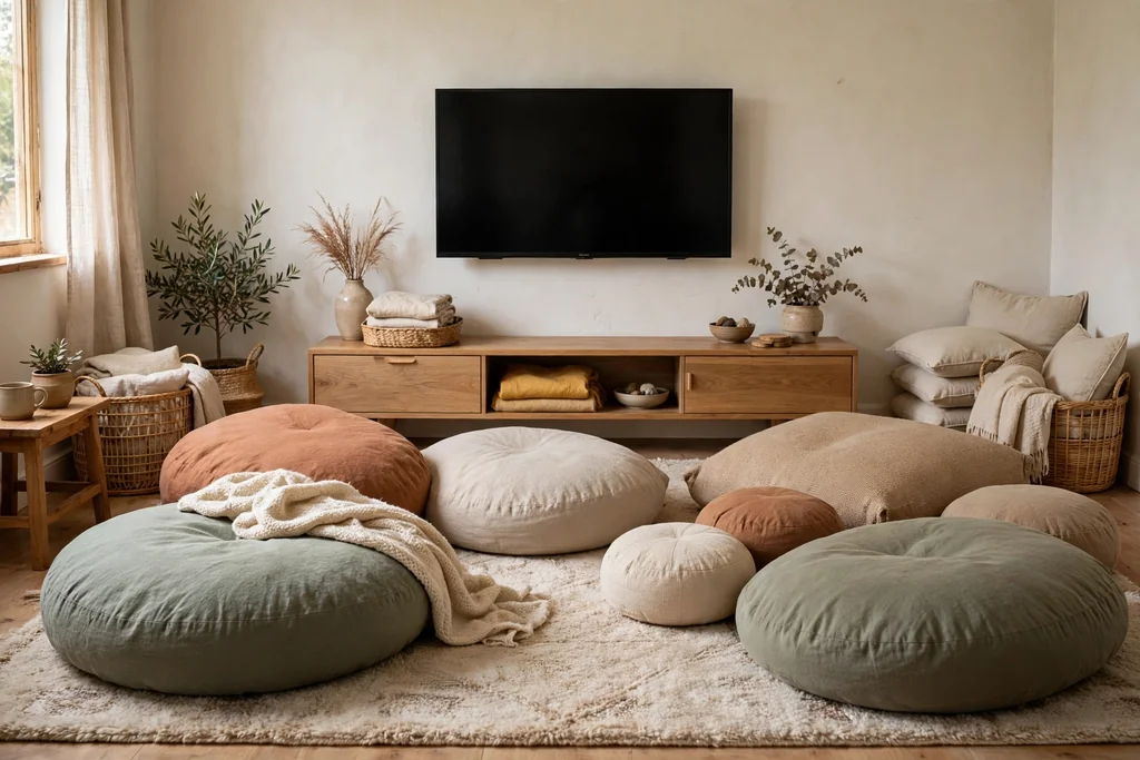 Small living room TV above a low media bench with floor cushions and a soft rug.
