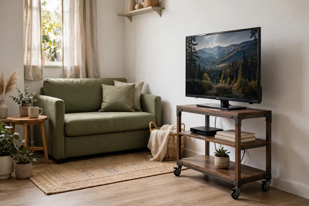 Small living room TV on a rolling stand facing a compact sofa.