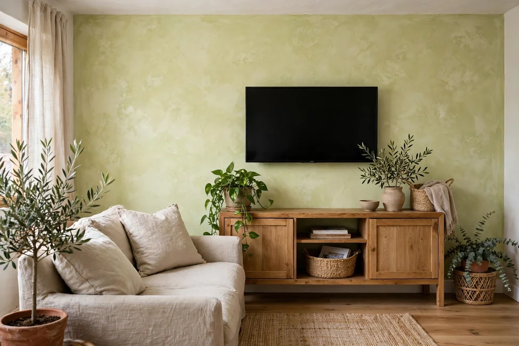 Small living room TV on a pale limewash plaster accent wall with a linen sofa.