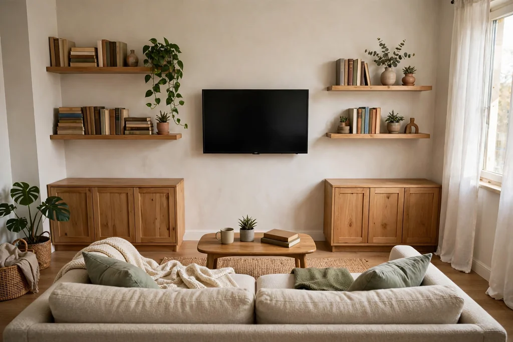 Small living room TV flanked by floating shelves and closed cabinets.