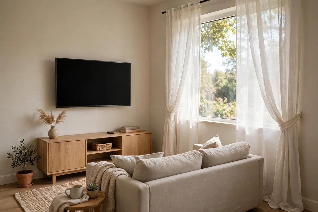 Small living room TV beside a window framed by soft curtains.