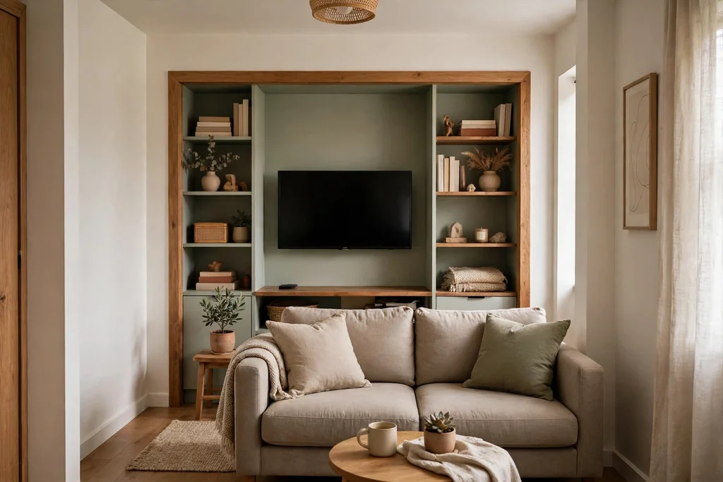Small living room TV set into a converted closet media nook with shelves.