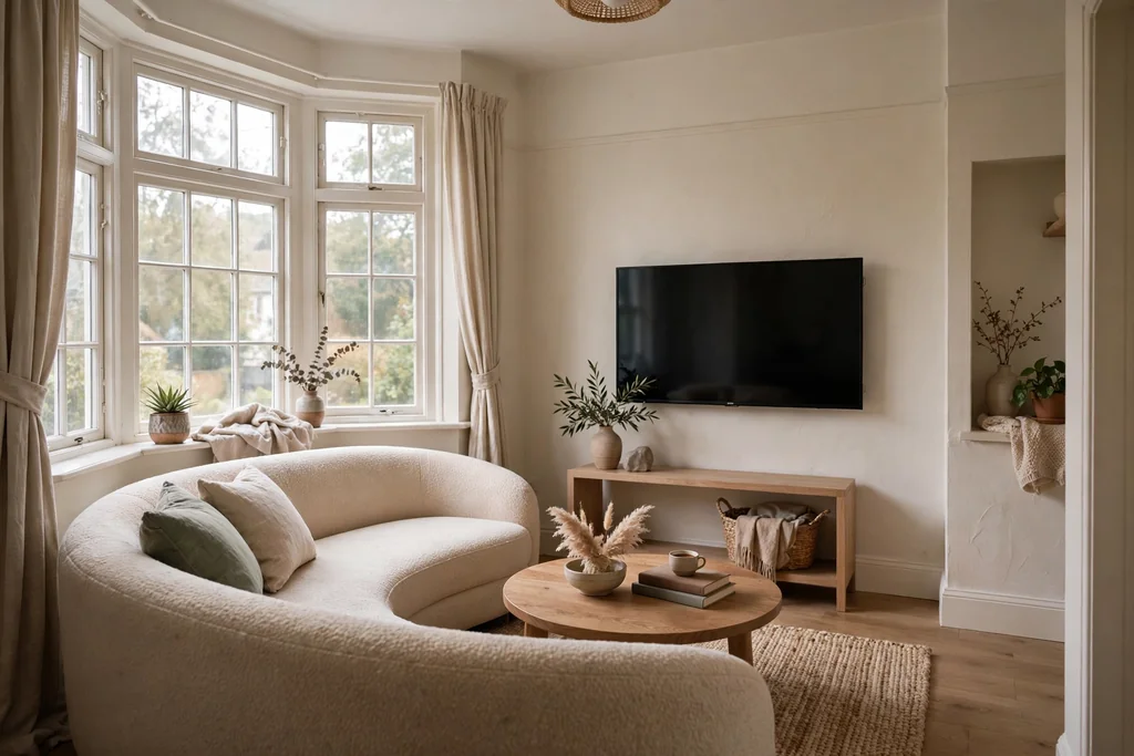 Small living room with a curved sofa facing a TV in a bay window room.