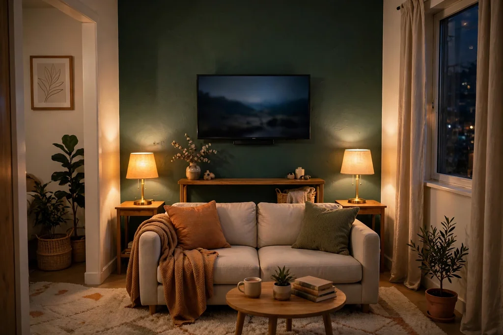 Small living room TV on a dark green painted accent wall with warm lamps.