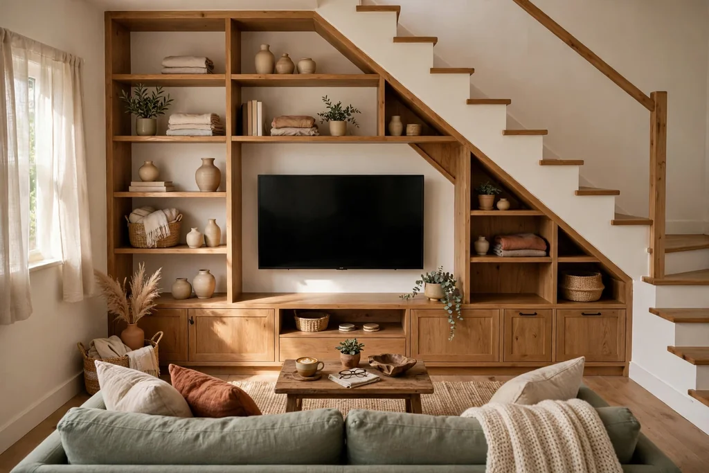 Small living room TV tucked into an under staircase wall with a low console.